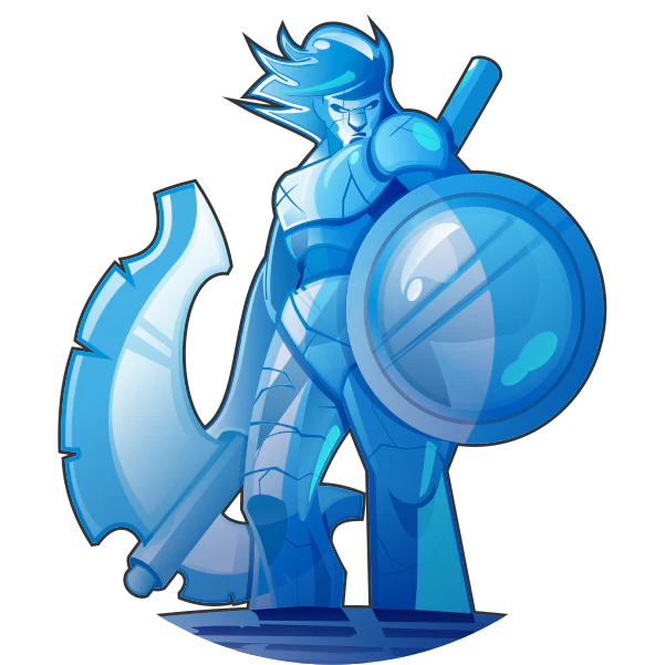 A stylized cartoonish blue character resembling a knight with a shield and a pickaxe.